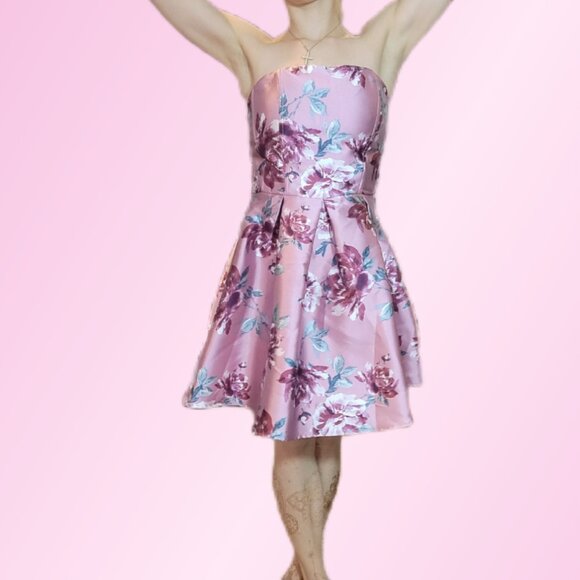 🌷Speechless Womens Pink Floral Strapless Short Fit + Flare Dress Juniors 9 - Picture 5 of 7